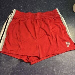 Victoria’s Secret PINK Track Shorts Red Side Stripes Silver Glitter Logo Sz L